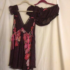 NWT AVENUE Sexy Sheer Black Baby Doll Nighty Pink Polka Dots Ribbons Bows 18/20